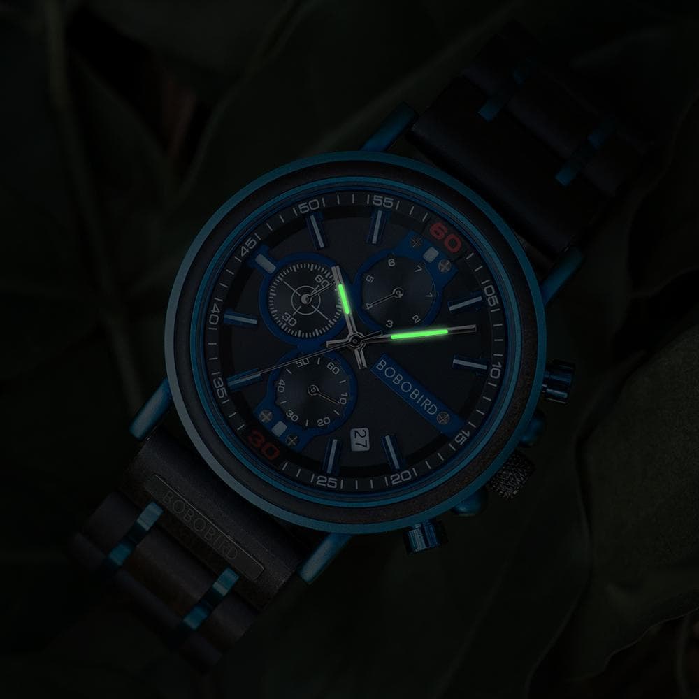 Blue Wooden Chronograph Watch — Blue