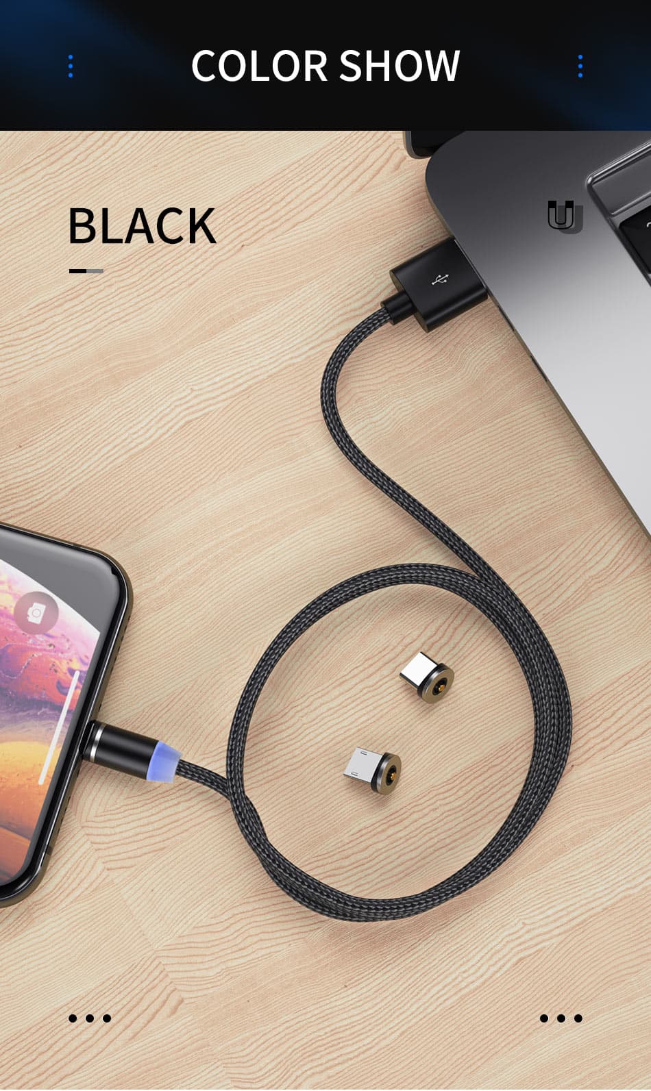 Magnetic Fast Charging USB Cable for iOS Devices (Black)