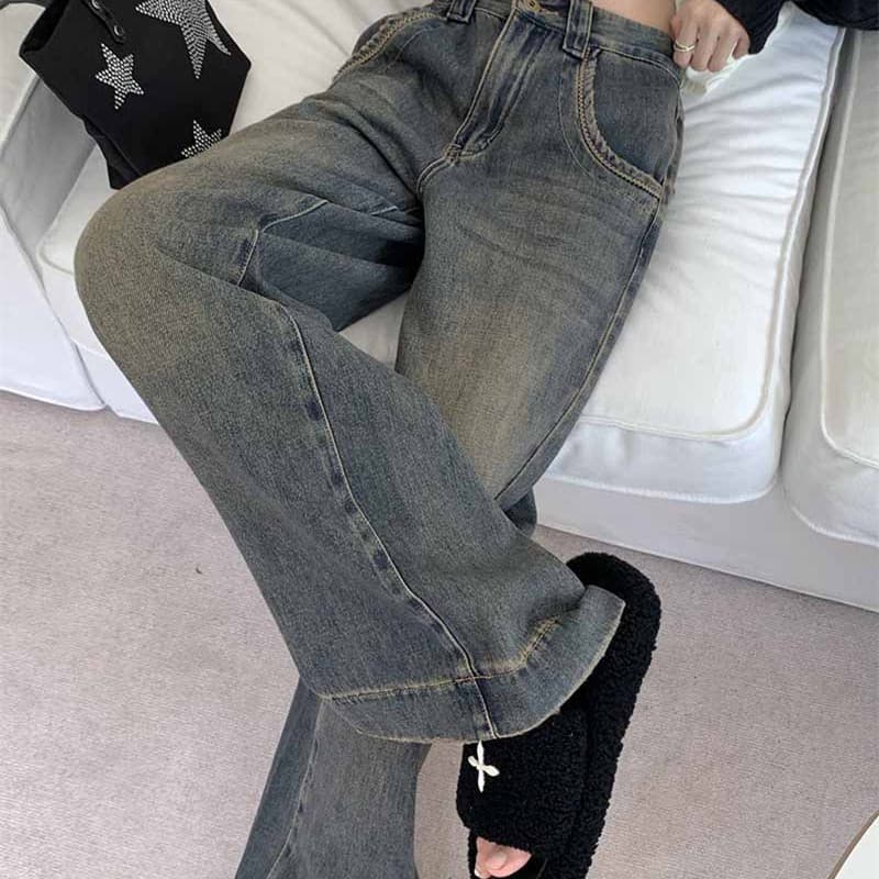 Women's Fashionable Retro Distressed Wide-leg Jeans