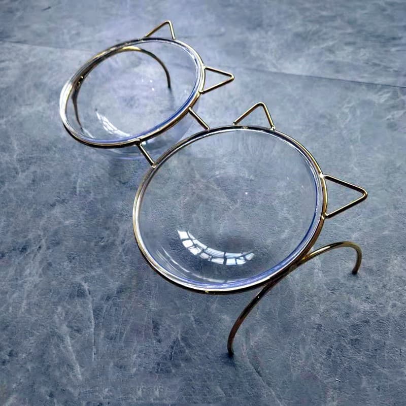 Elevated Glass Cat Bowl and Metal Feeding Station