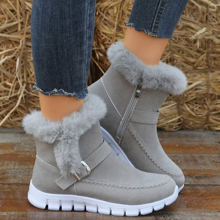 New Snow Boots Winter Warm Thickened Solid Color Plush Ankle Boots With Buckle Design Plus Velvet Flat Shoes For Women — Grey-Size36