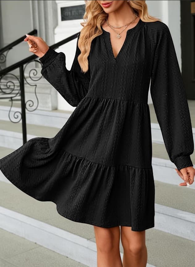 European And American-style Fashionable V-neck Solid-color Patchwork Long-sleeve Loose-fitting Dress