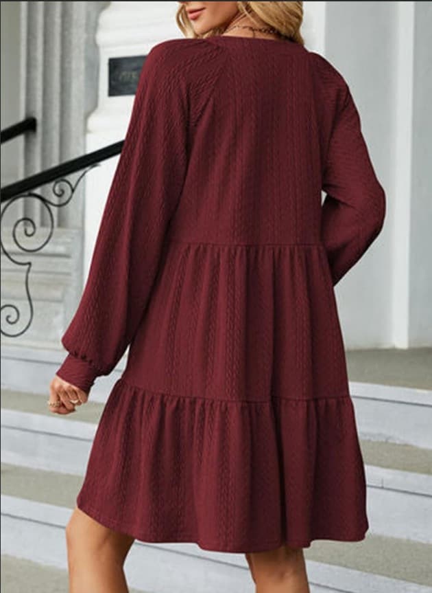 European And American-style Fashionable V-neck Solid-color Patchwork Long-sleeve Loose-fitting Dress