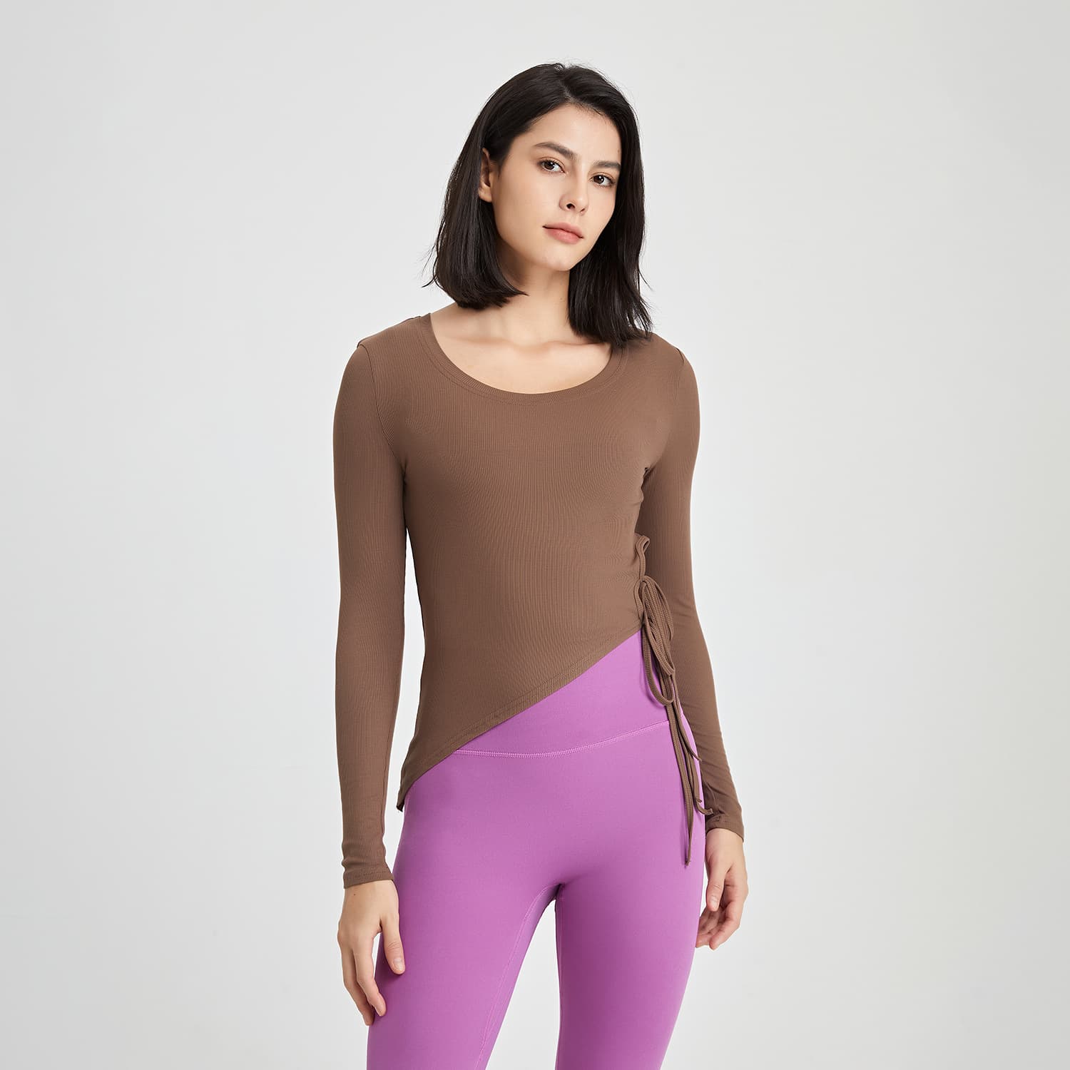 Side Tether Workout Clothes T-shirt Slim Fit Tights — Dark Oak-M