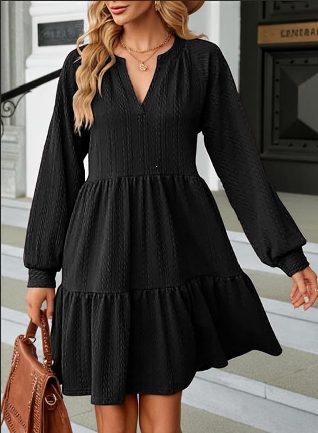 European And American-style Fashionable V-neck Solid-color Patchwork Long-sleeve Loose-fitting Dress