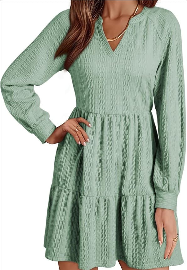 European And American-style Fashionable V-neck Solid-color Patchwork Long-sleeve Loose-fitting Dress