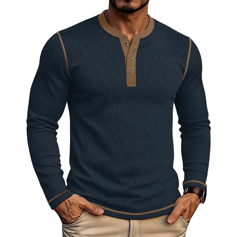 Men's Color-Blocked Henley Long-Sleeve Pullover