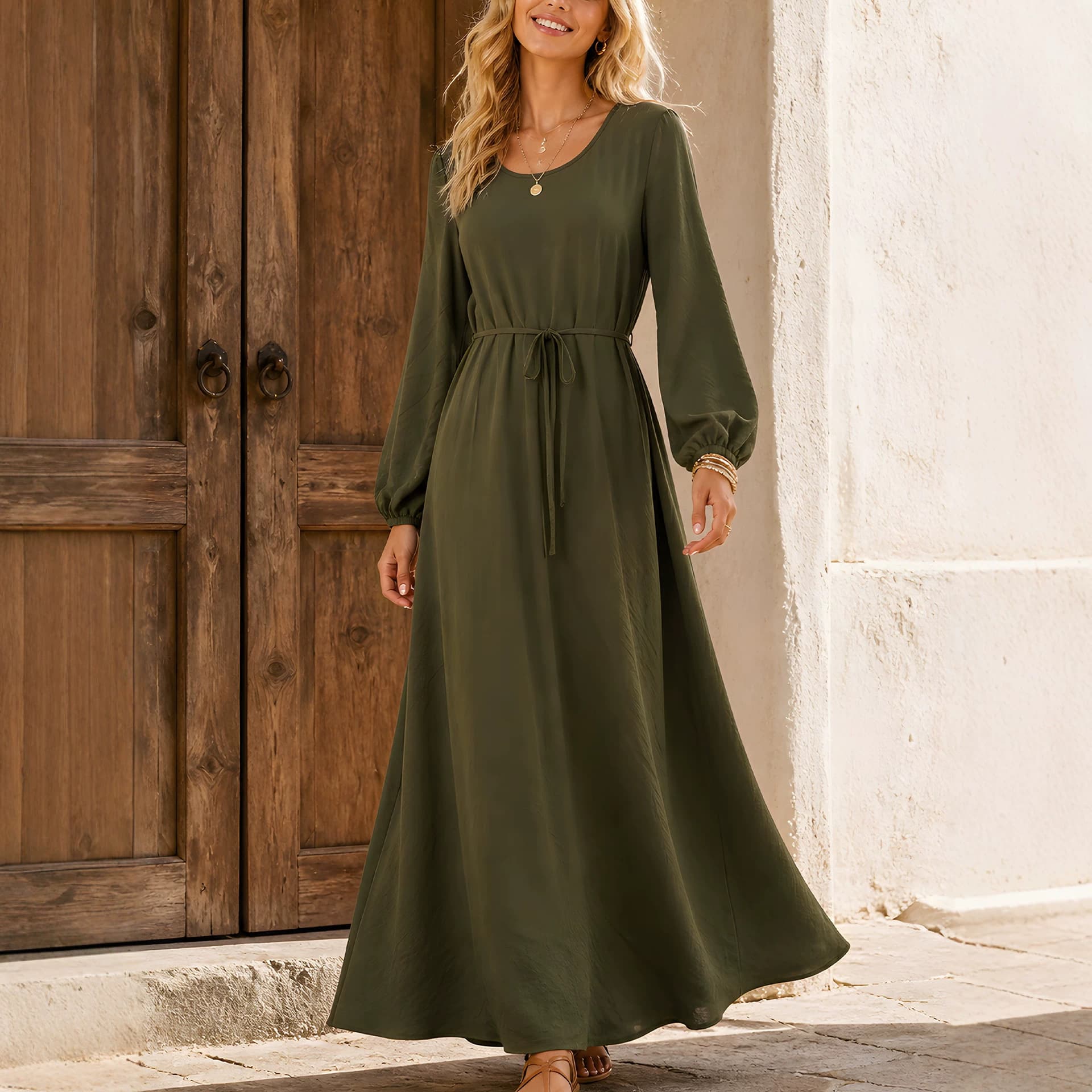 Solid-color Elegant French-style Long-sleeve Waist-cinching Dress — Olive Green-XL