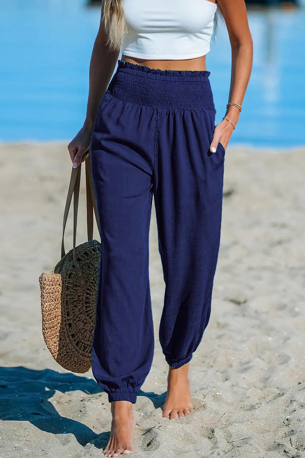 Women's Solid-Color Loose Beach Casual Ankle-Tied Pants