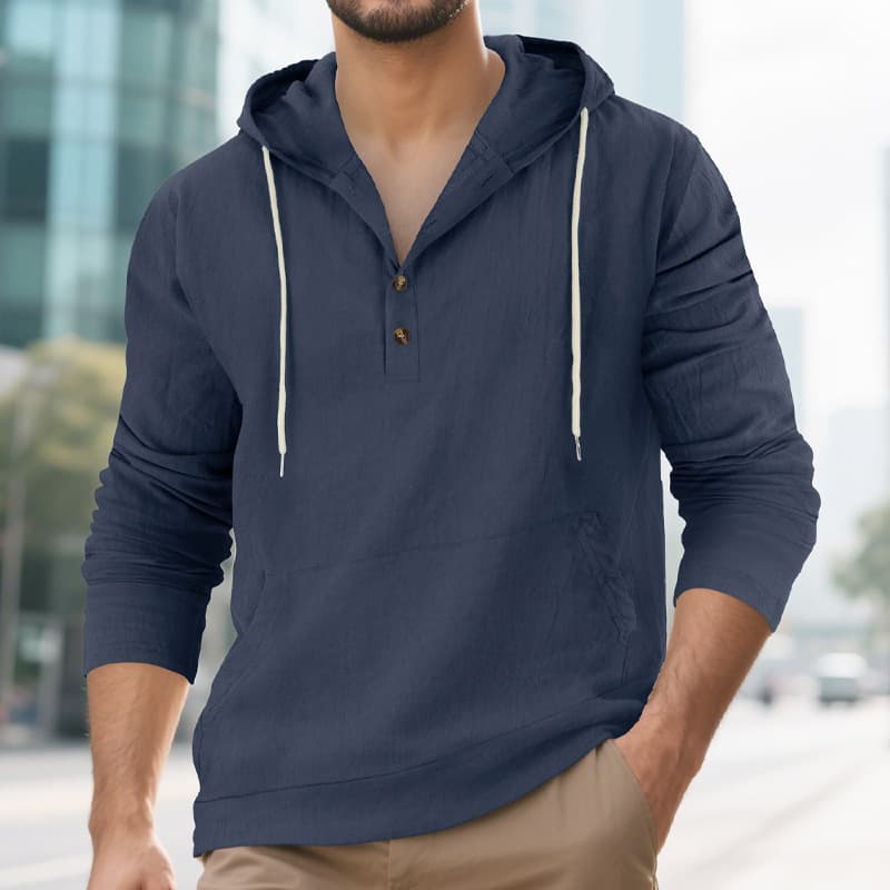 Men's Hooded Long-Sleeve Henley with Large Pockets