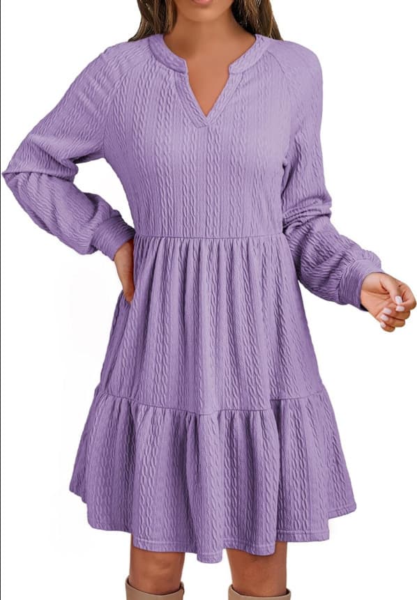 European And American-style Fashionable V-neck Solid-color Patchwork Long-sleeve Loose-fitting Dress
