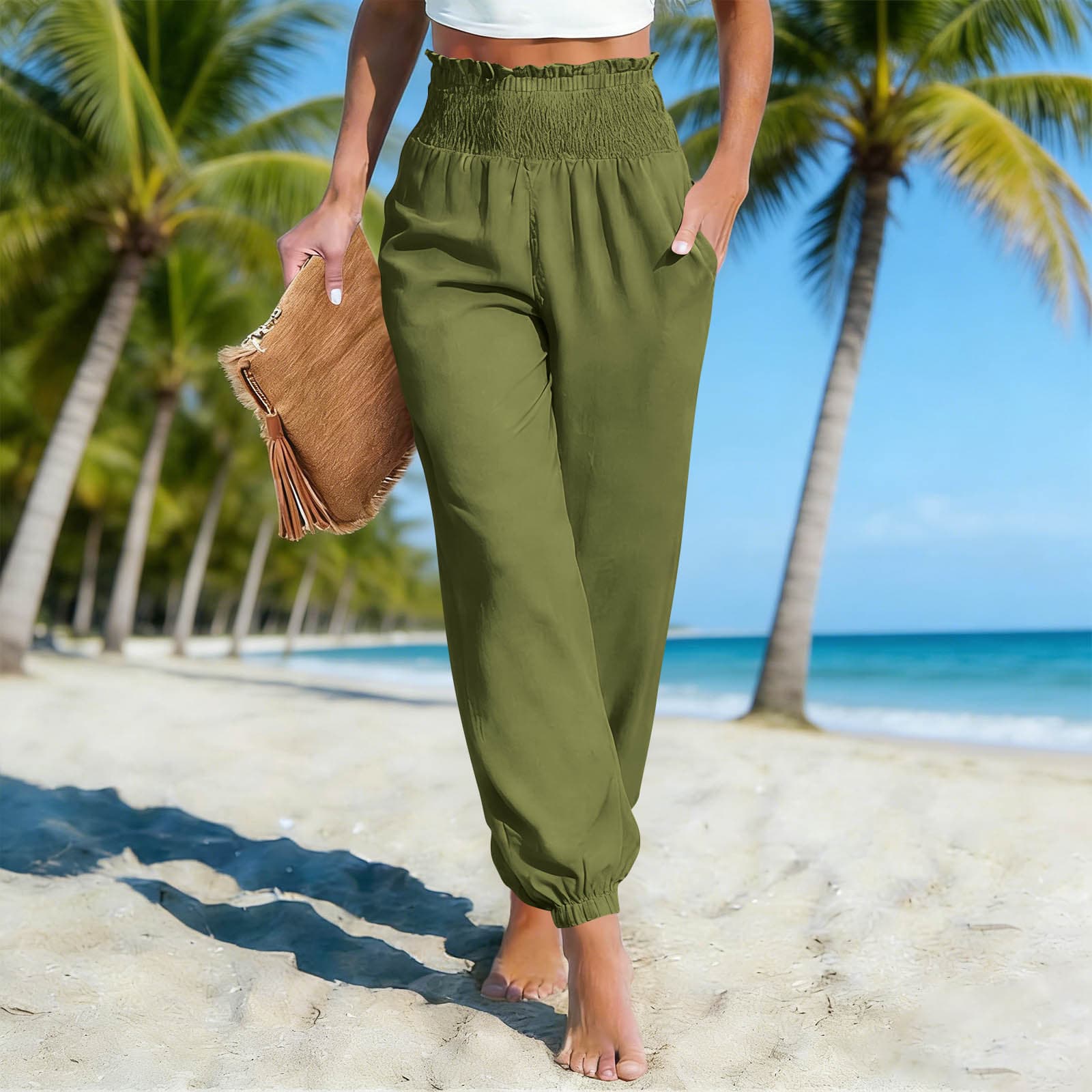 Women's Solid-Color Loose Beach Casual Ankle-Tied Pants