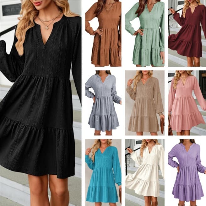 European And American-style Fashionable V-neck Solid-color Patchwork Long-sleeve Loose-fitting Dress