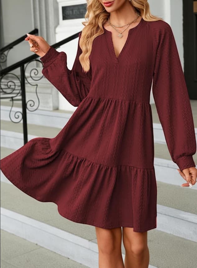 European And American-style Fashionable V-neck Solid-color Patchwork Long-sleeve Loose-fitting Dress