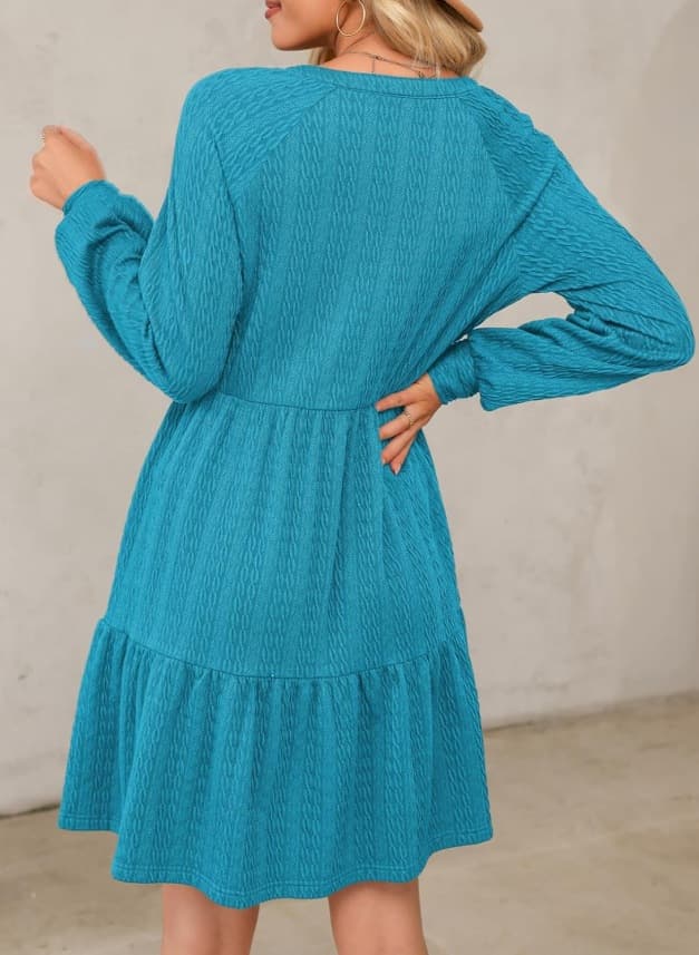 European And American-style Fashionable V-neck Solid-color Patchwork Long-sleeve Loose-fitting Dress