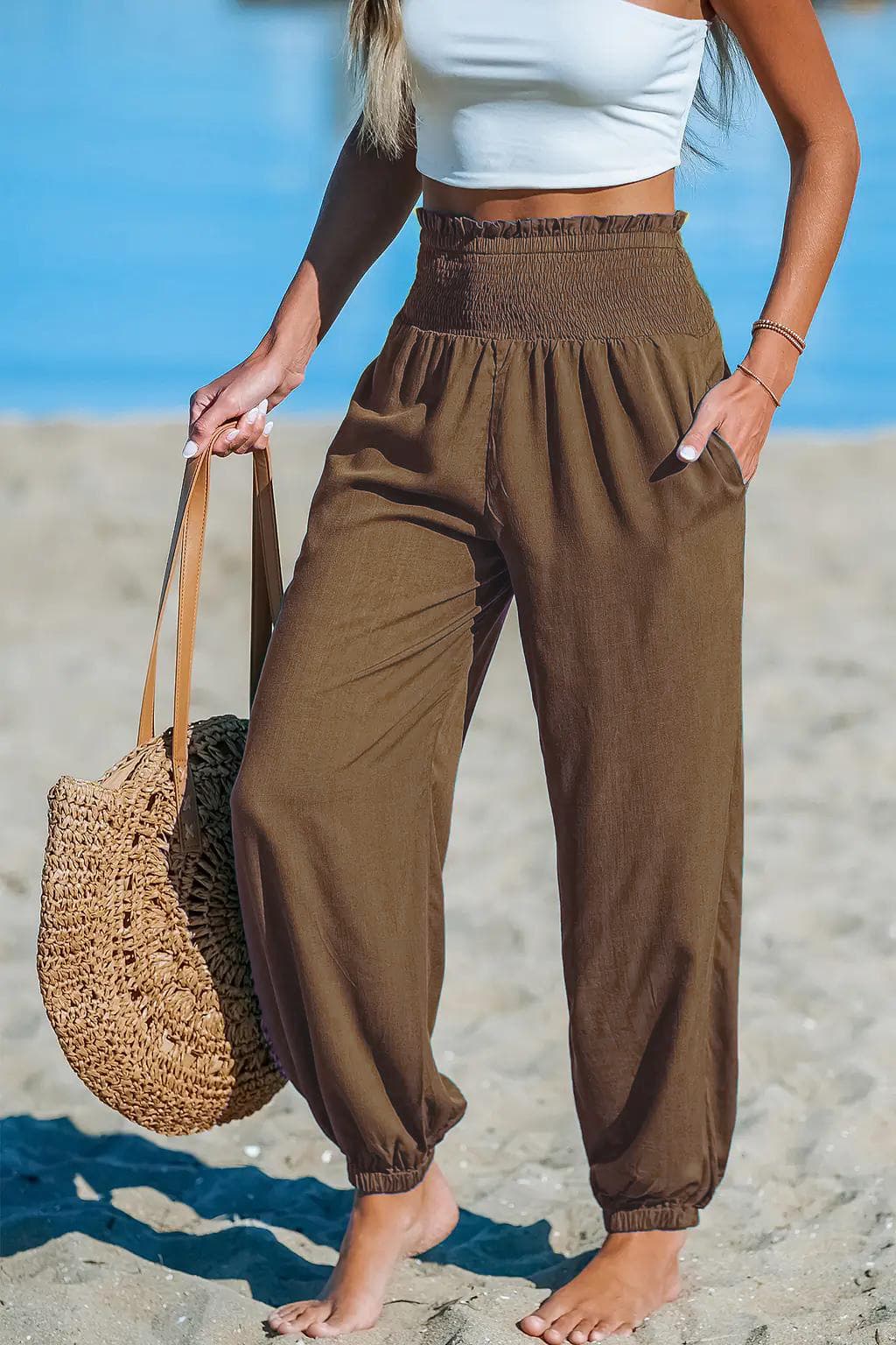Women's Solid-Color Loose Beach Casual Ankle-Tied Pants — Brown-L