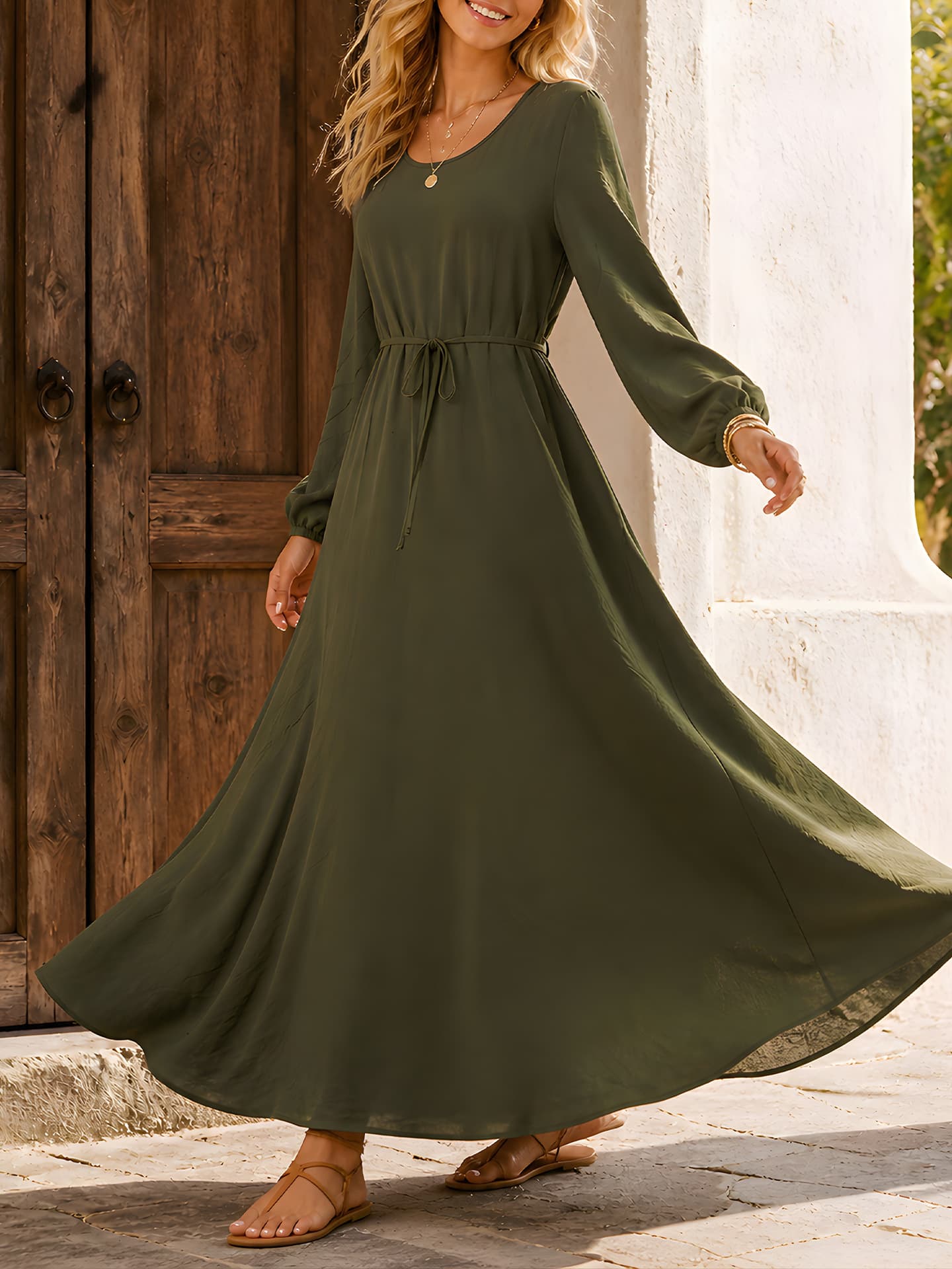 Solid-color Elegant French-style Long-sleeve Waist-cinching Dress