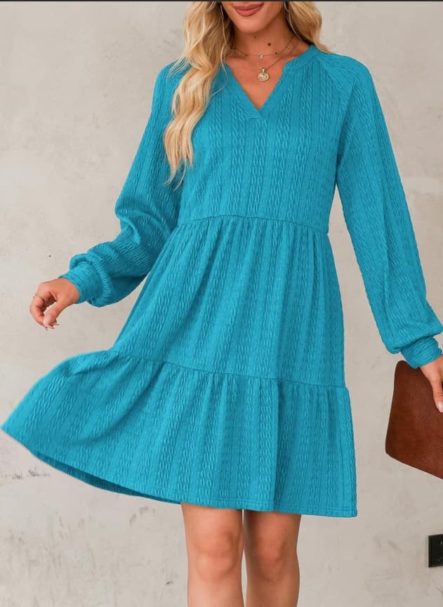 European And American-style Fashionable V-neck Solid-color Patchwork Long-sleeve Loose-fitting Dress — Lake Blue-XXL