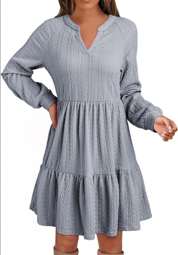 European And American-style Fashionable V-neck Solid-color Patchwork Long-sleeve Loose-fitting Dress