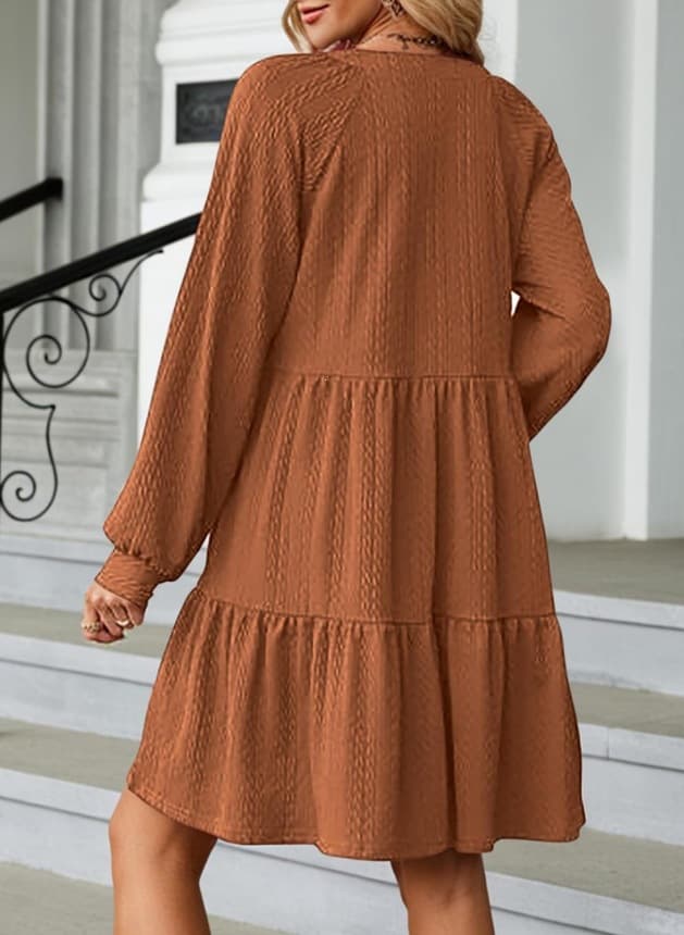 European And American-style Fashionable V-neck Solid-color Patchwork Long-sleeve Loose-fitting Dress