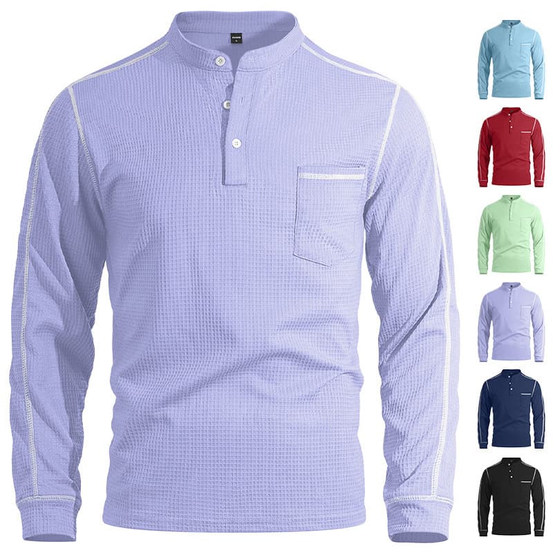 Men's waffle-texture Henley long-sleeve shirt