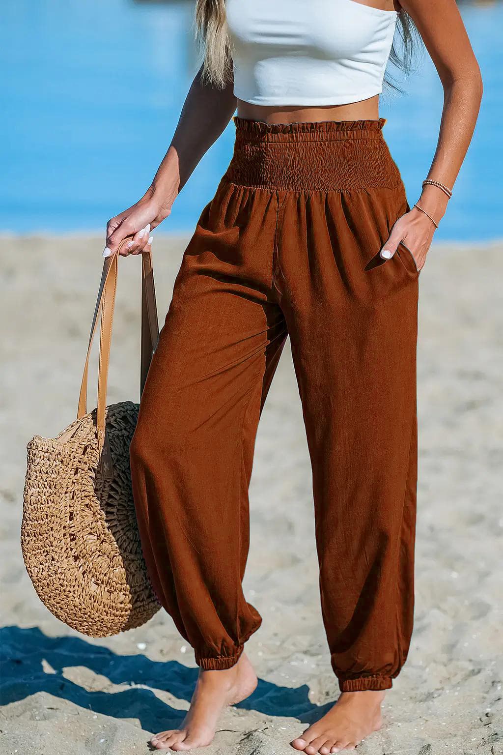 Women's Solid-Color Loose Beach Casual Ankle-Tied Pants