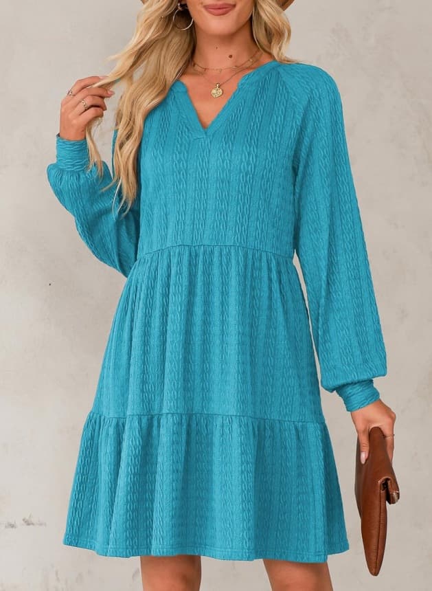 European And American-style Fashionable V-neck Solid-color Patchwork Long-sleeve Loose-fitting Dress