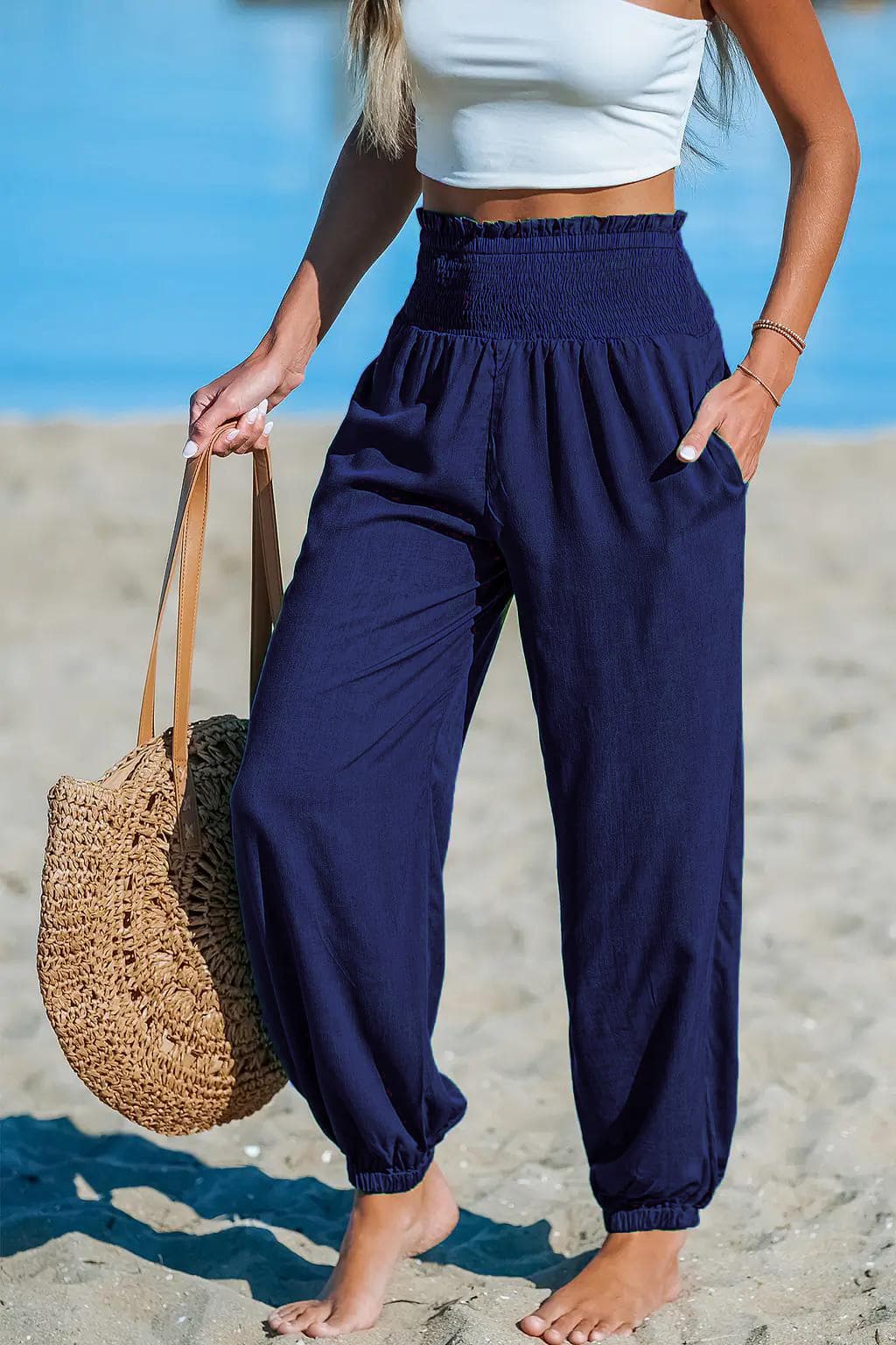 Women's Solid-Color Loose Beach Casual Ankle-Tied Pants — Dark Blue-M
