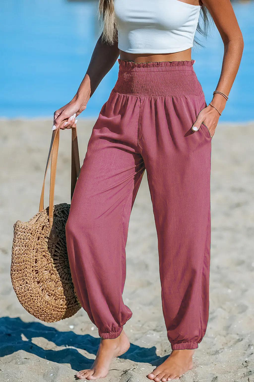 Women's Solid-Color Loose Beach Casual Ankle-Tied Pants