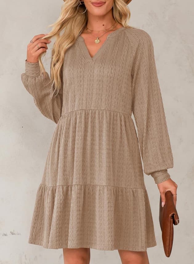 European And American-style Fashionable V-neck Solid-color Patchwork Long-sleeve Loose-fitting Dress