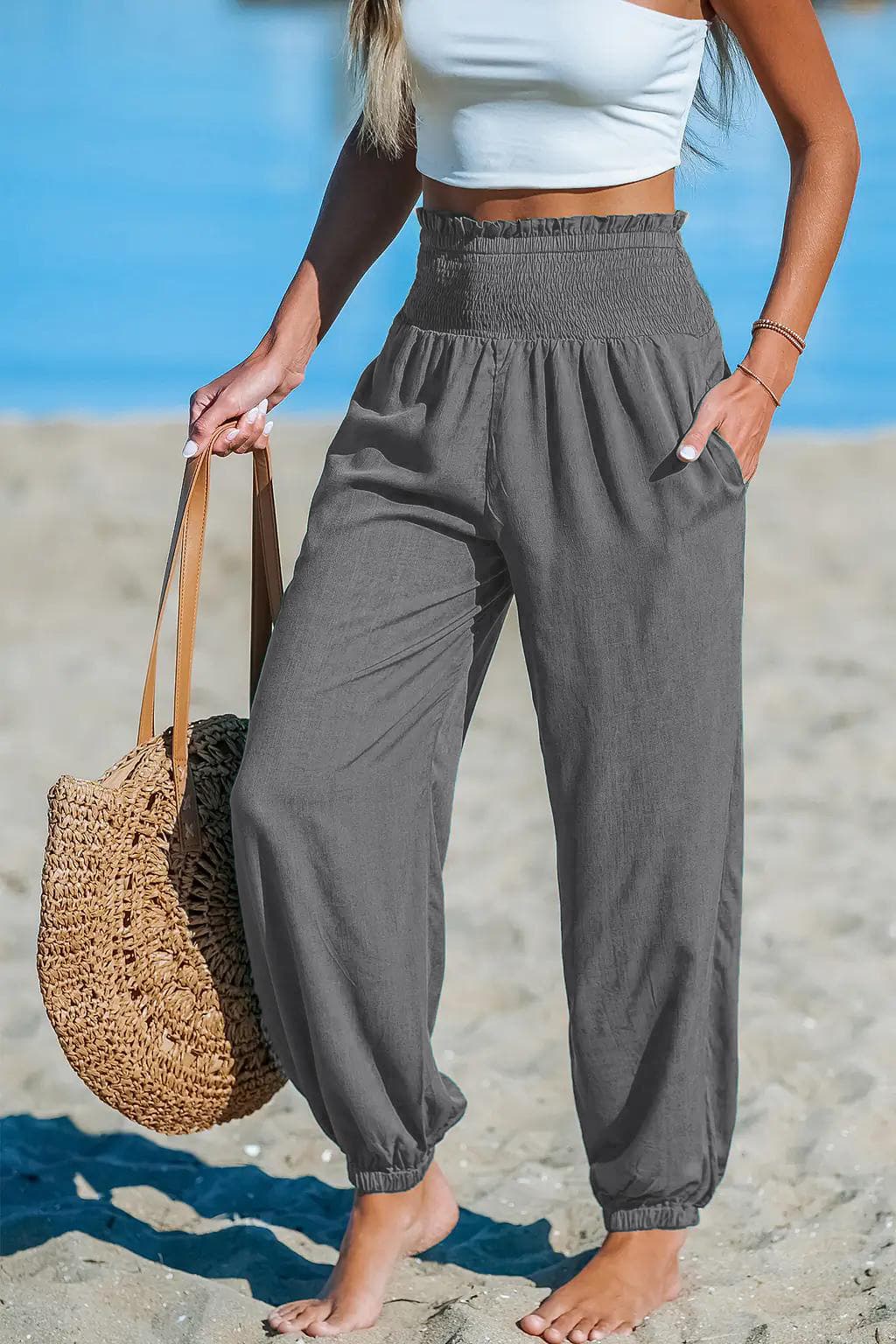 Women's Solid-Color Loose Beach Casual Ankle-Tied Pants