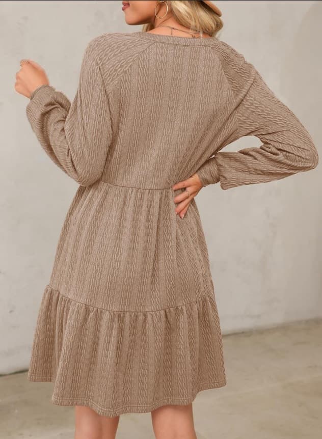 European And American-style Fashionable V-neck Solid-color Patchwork Long-sleeve Loose-fitting Dress