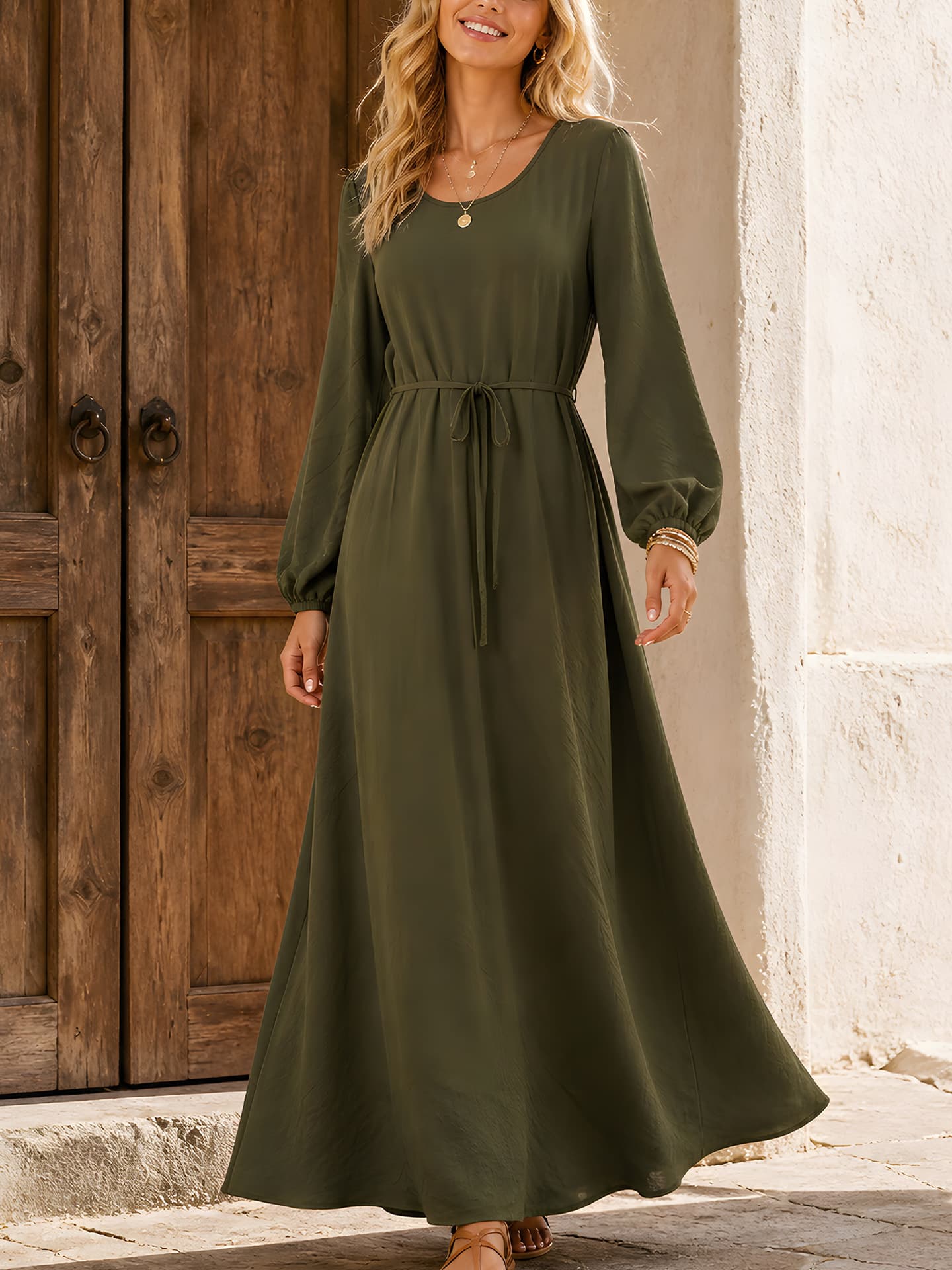 Solid-color Elegant French-style Long-sleeve Waist-cinching Dress