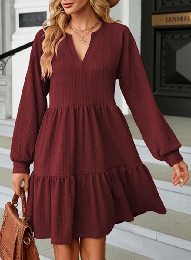European And American-style Fashionable V-neck Solid-color Patchwork Long-sleeve Loose-fitting Dress