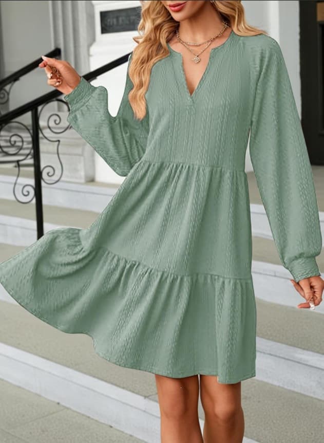 European And American-style Fashionable V-neck Solid-color Patchwork Long-sleeve Loose-fitting Dress