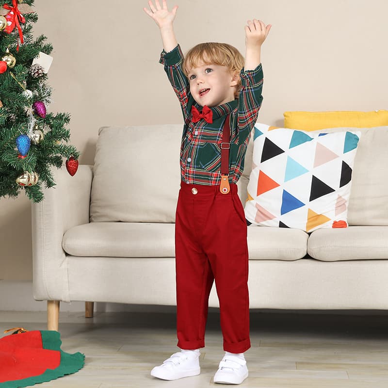 Boys' plaid shirt and suspender set, British style