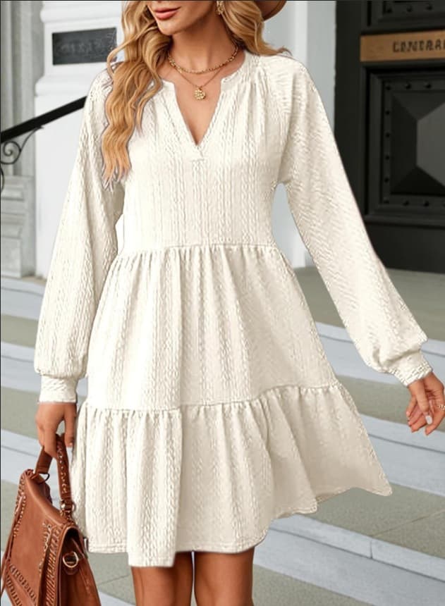 European And American-style Fashionable V-neck Solid-color Patchwork Long-sleeve Loose-fitting Dress