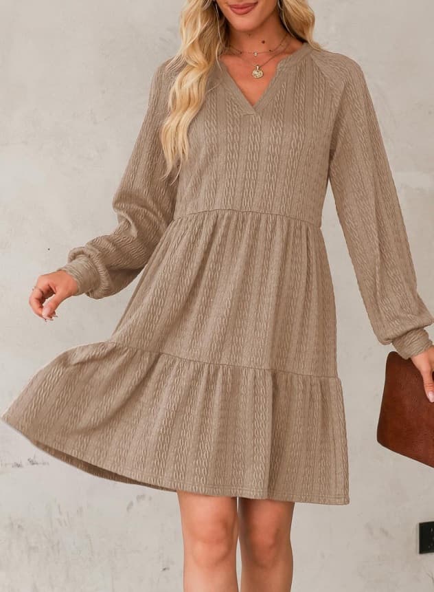 European And American-style Fashionable V-neck Solid-color Patchwork Long-sleeve Loose-fitting Dress