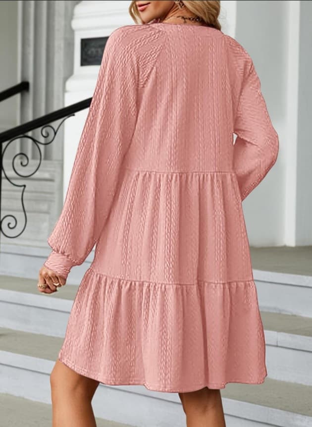 European And American-style Fashionable V-neck Solid-color Patchwork Long-sleeve Loose-fitting Dress