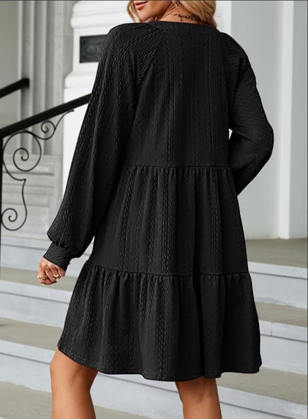 European And American-style Fashionable V-neck Solid-color Patchwork Long-sleeve Loose-fitting Dress
