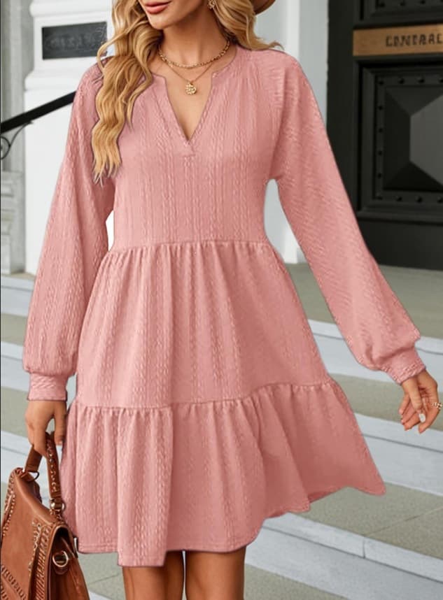 European And American-style Fashionable V-neck Solid-color Patchwork Long-sleeve Loose-fitting Dress