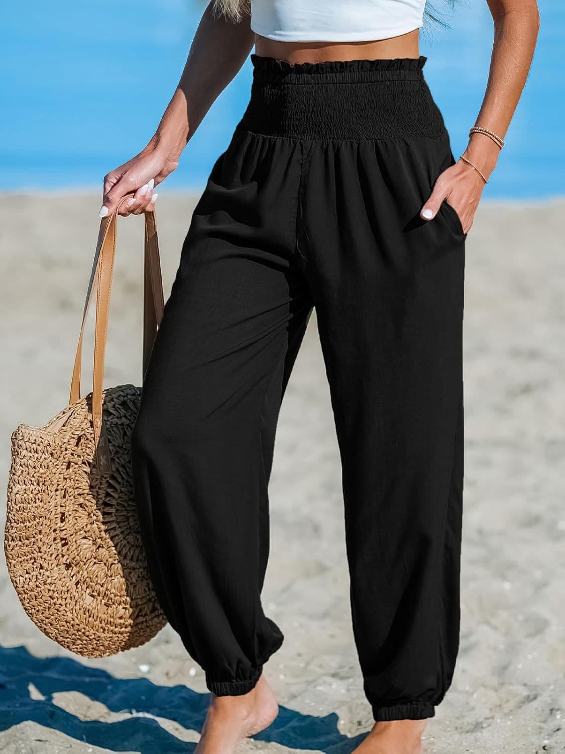 Women's Solid-Color Loose Beach Casual Ankle-Tied Pants — Black-L