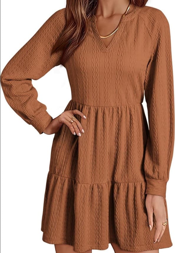 European And American-style Fashionable V-neck Solid-color Patchwork Long-sleeve Loose-fitting Dress