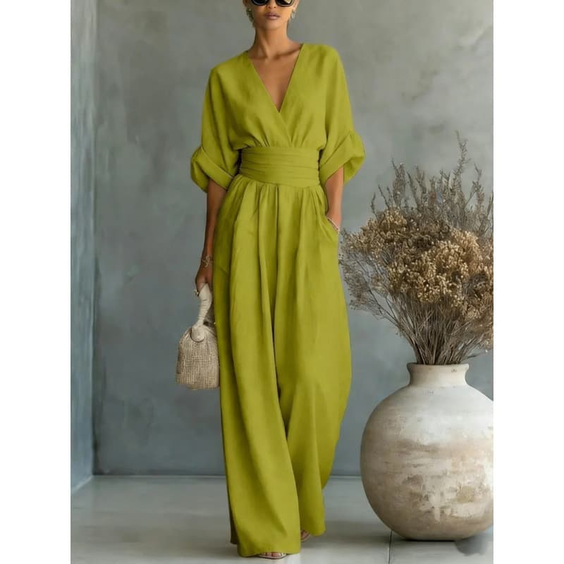 European And American Cross Border Spring Summer New Amazon Elegant Waist-cinching V-neck Stylish Womens Jumpsuit — Olive color-S