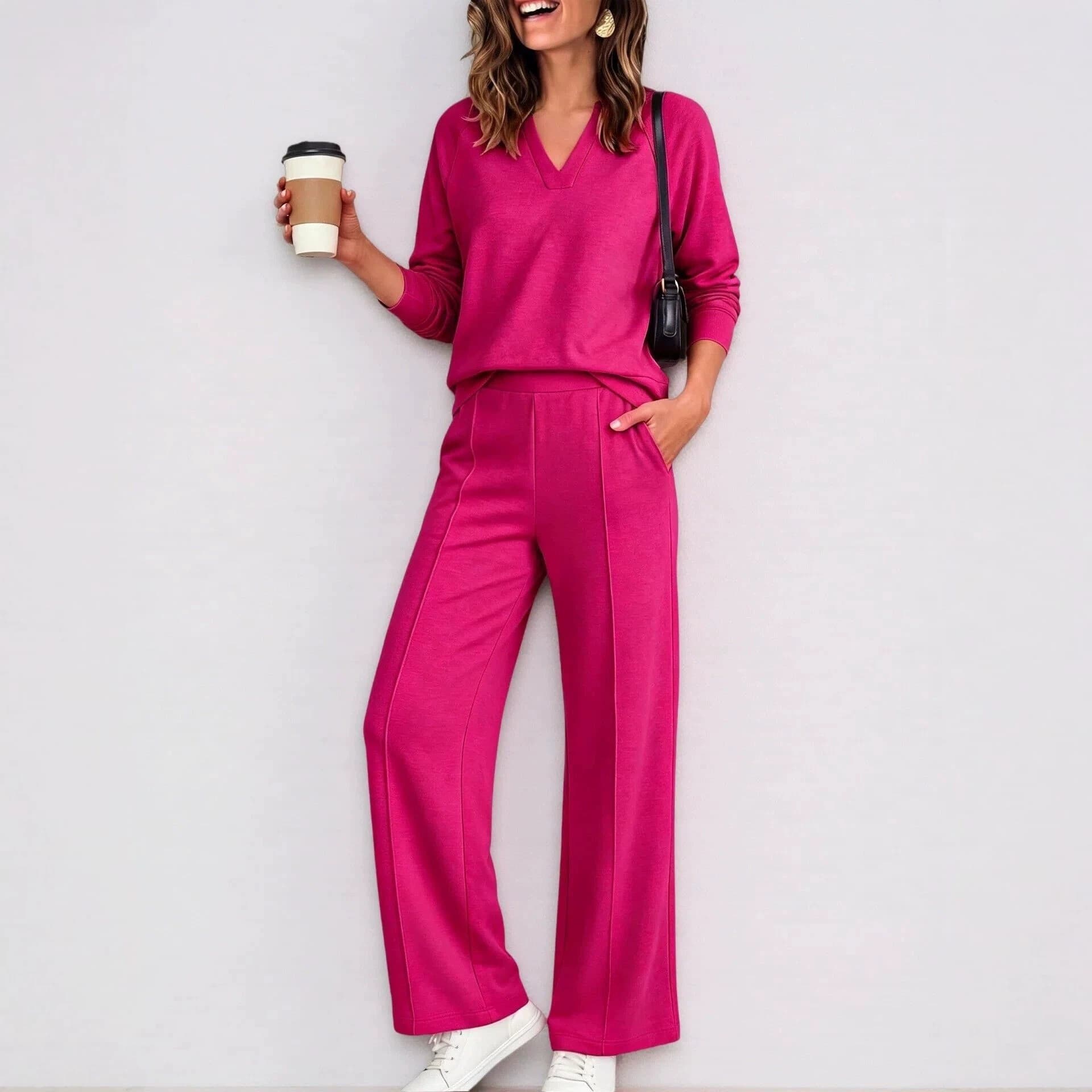 Women's Fashion Sportswear Solid Color V Neck Long Sleeve Sweatshirt And Casual Trousers Set — Rose red-M