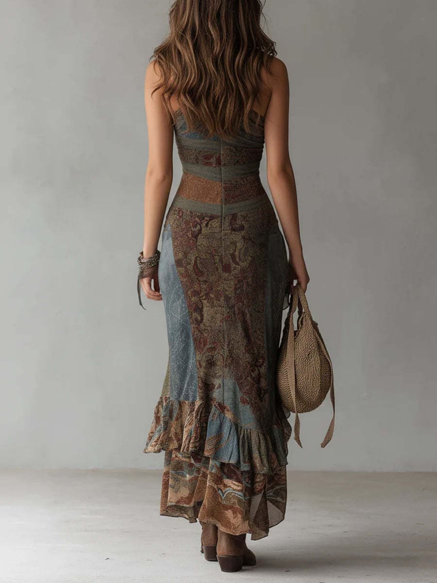 2026 New European And American Style Cross-Border Retro Patchwork Printed Asymmetrical Long Dress Slim Fit High Slit Dress