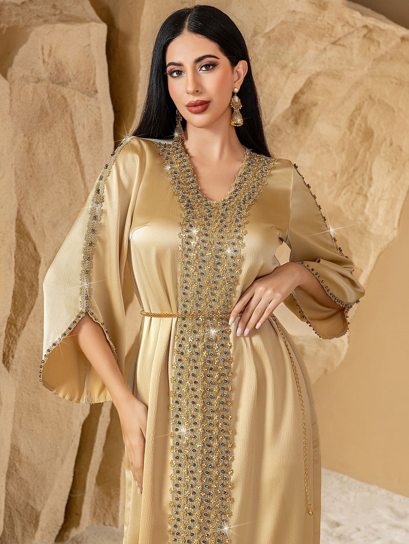 Embellished Satin Kaftan Abaya With Golden Cord Belt — Champagne-XL