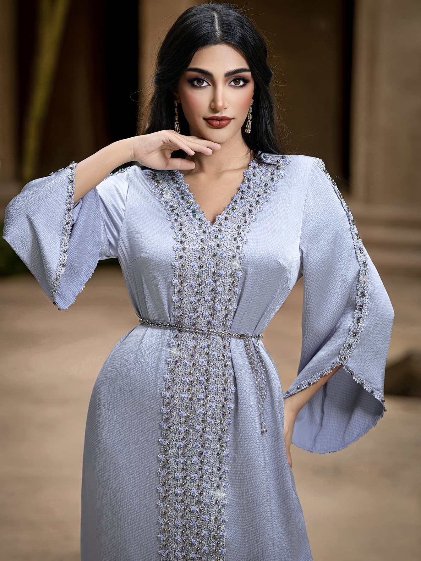 Embellished Satin Kaftan Abaya With Golden Cord Belt — Light blue-L