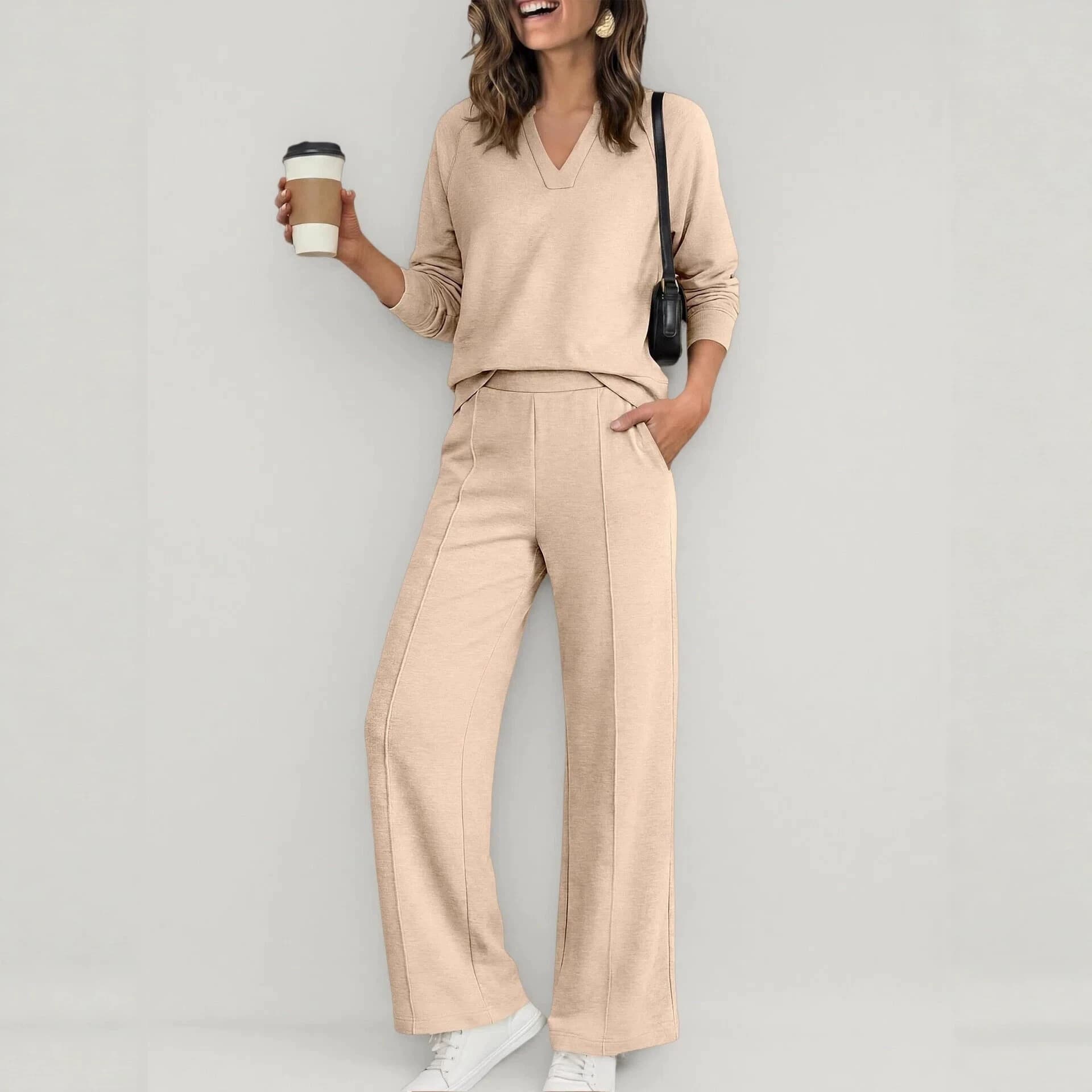 Women's Fashion Sportswear Solid Color V Neck Long Sleeve Sweatshirt And Casual Trousers Set