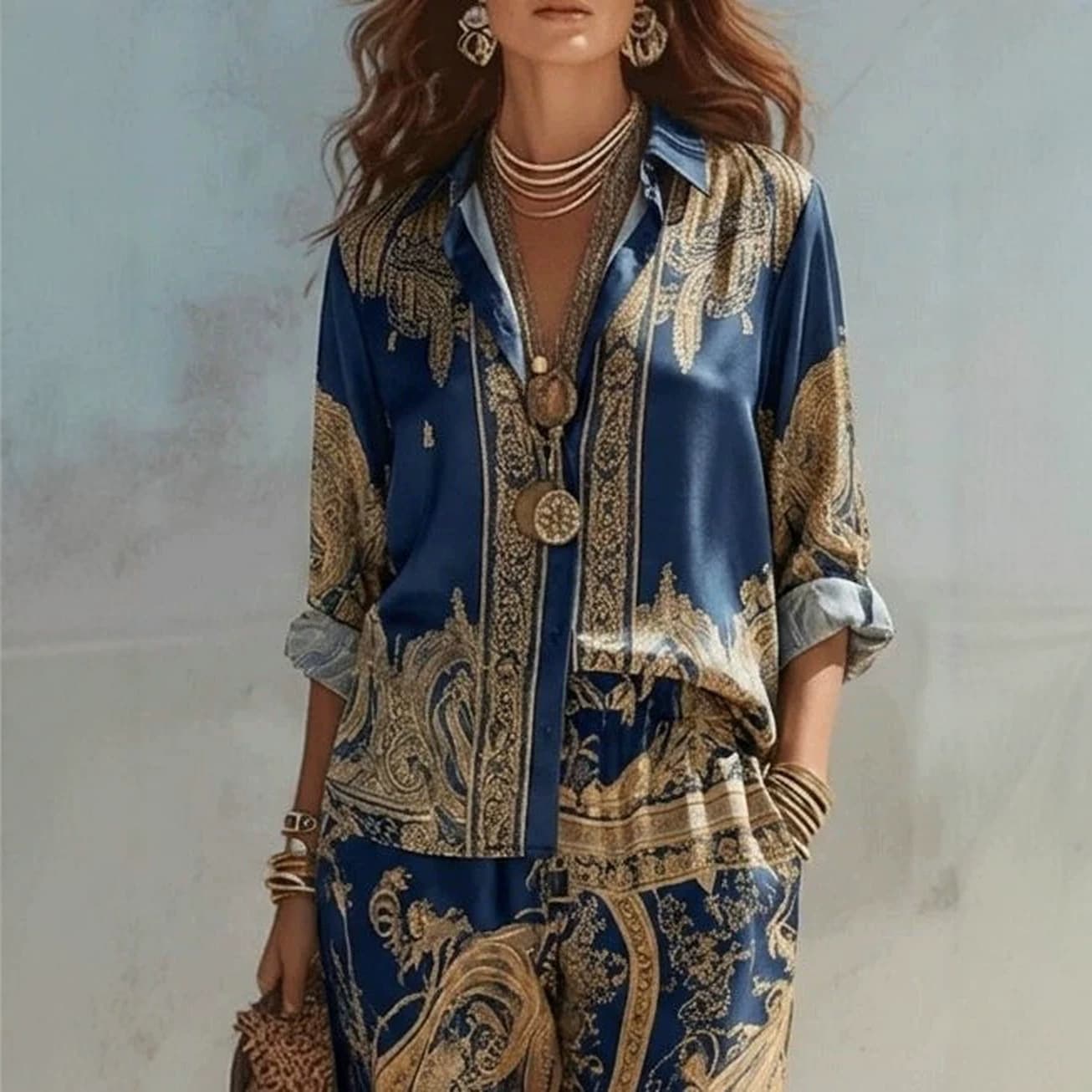 Foreign Trade Independent Station European And American Cross-border New Printed Long-sleeved Shirt Wide-leg Pants Set Women's Fashion Casual Two-piece Set